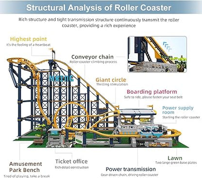 Mould King Roller Coaster Building Kit, Amusement Park Funfair Track Construction Blocks Toys with Motors