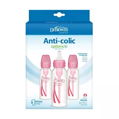 Dr. Brown's 8oz Anti-Colic Options+ Narrow Baby Bottle with Level 1 Slow Flow Nipple - 3pk - 0m+ - Pink