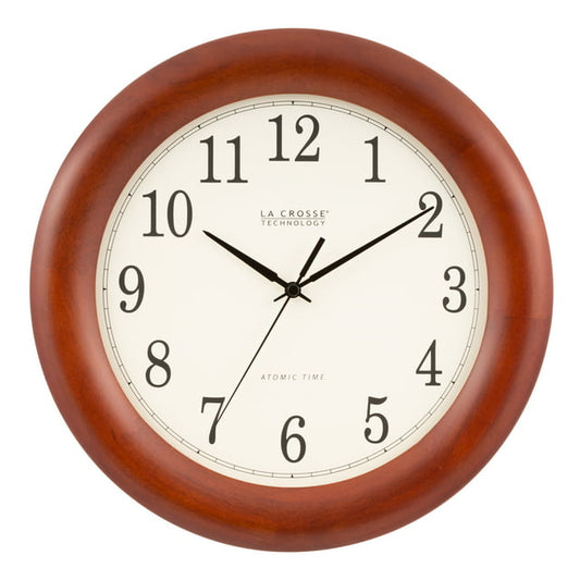La Crosse Technology 12.5 Inch Cherry finish Oak Wood Atomic Analog Clock, WT-3122A-Int
