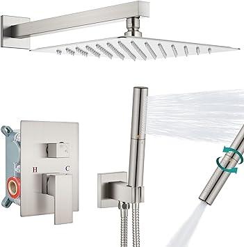 Shower System with 12 Inch Rainfall Shower Head and Handheld Wall Mount,High Pressure Shower Faucet Fixture Combo Set with 2 in 1 Handheld Spray Rough-in Valve Included,Brushed Nickel - Goods Galore Overstock LLC